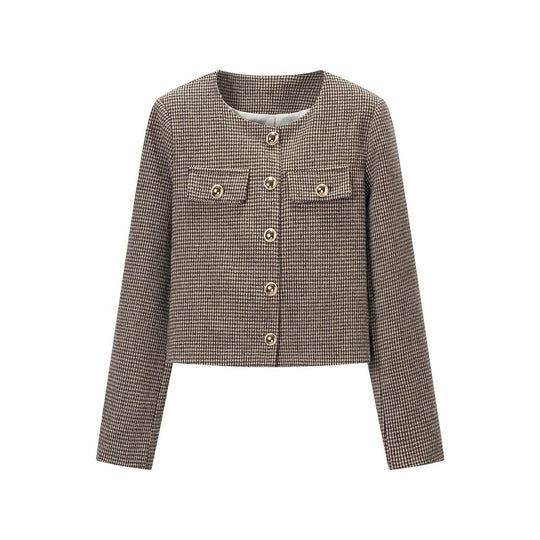 Damen Kurze Bouclé‑Jacke im Hahnentritt‑Look mit Rundhals und Zierknopfleiste Nord Taschen
