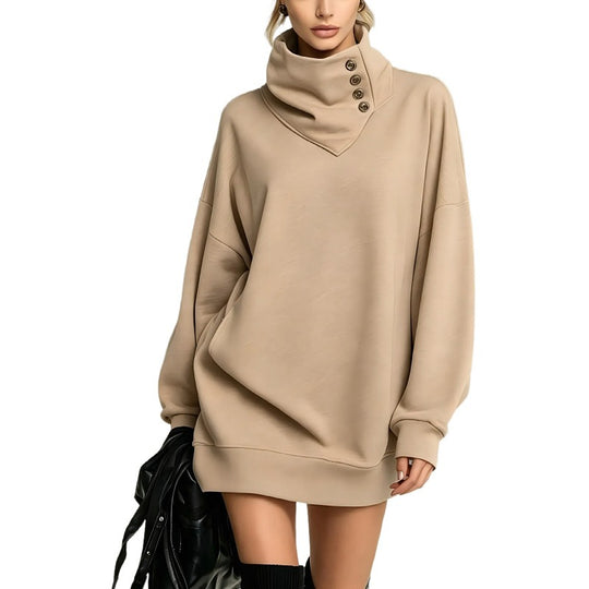 Damen Oversize Sweatshirtkleid mit hohem Knopfkragen Nord Taschen