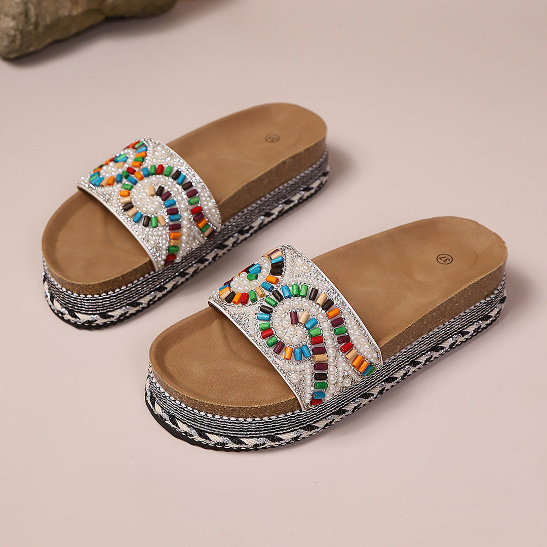 Damen Wedge-Pantoletten mit kunstvollen Perlenapplikationen und rutschfester Sohle