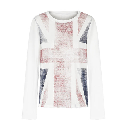 Damen Rundhals-Longsleeve aus Baumwollmix mit Vintage-Union-Jack-Print und Kontrastärmeln Nord Taschen