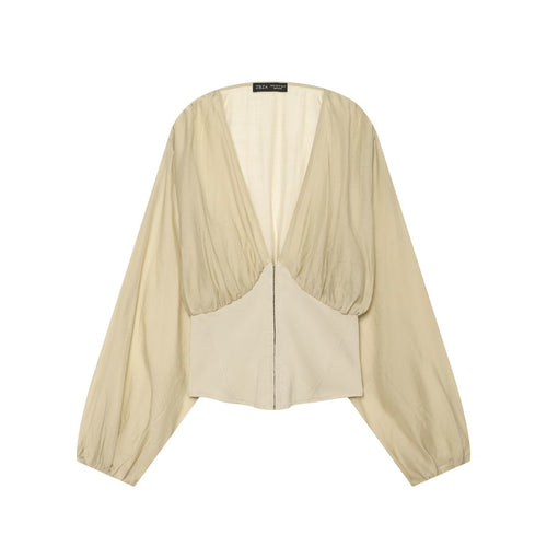 Damen Kurzes Bolero-Blouson mit tiefem V‑Ausschnitt, geraffter Passe und Ballonärmeln Nord Taschen