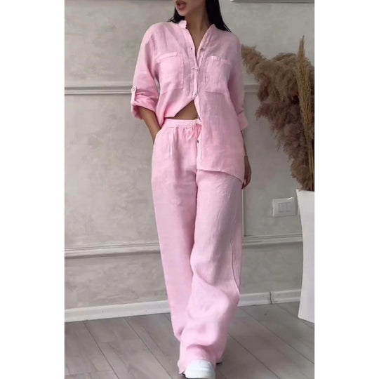 Damen Weite Leinenmix-Hose mit hohem Elastikbund, Kordelzug und Palazzo-Silhouette Nord Taschen