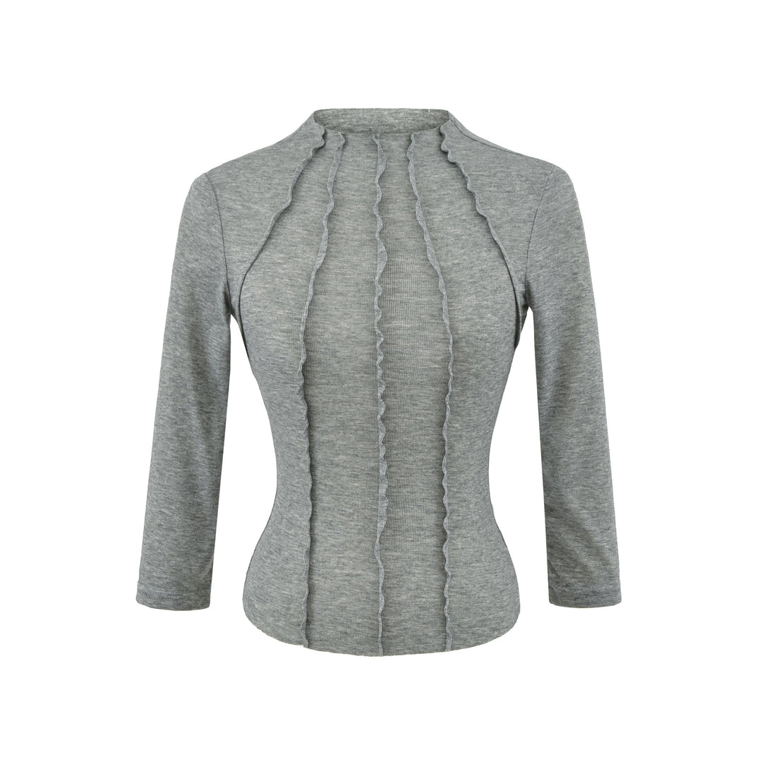Damen Figurbetontes Langarmshirt mit Stehkragen und Zier-Volants Nord Taschen