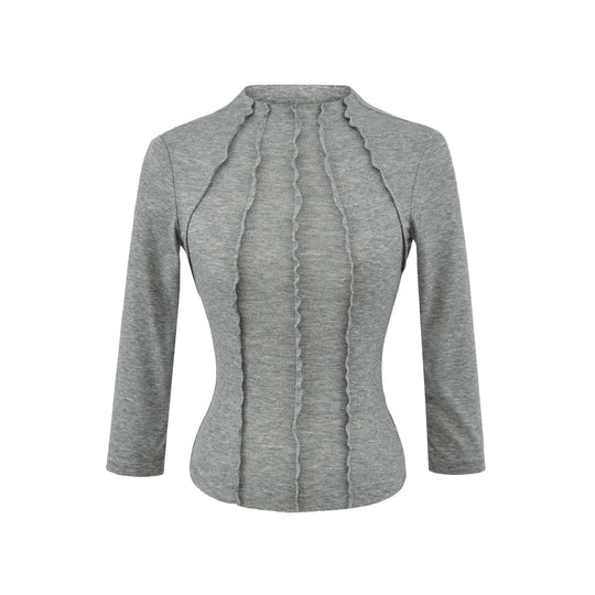 Damen Figurbetontes Langarmshirt mit Stehkragen und Zier-Volants Nord Taschen