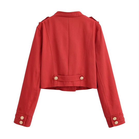 Damen Militärinspirierte Kurzjacke mit Stehkragen, Zierriegeln und goldenen Zierknöpfen Nord Taschen