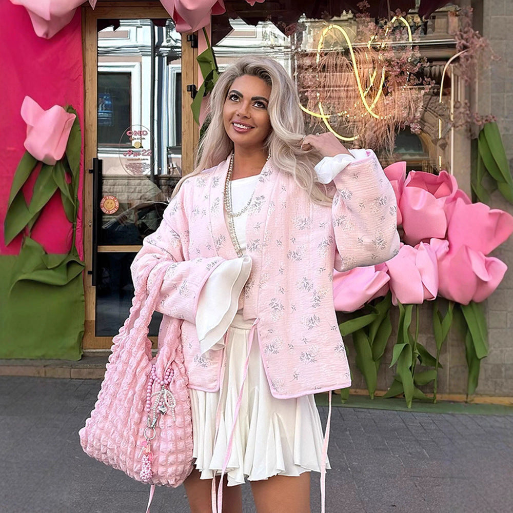Damen gesteppte Blousonjacke mit floraler Bestickung und Kimonoschnitt Nord Taschen
