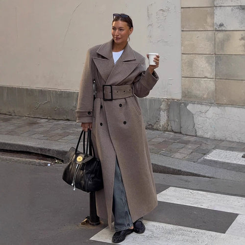 Damen Maximaler Wollmantel mit doppelreihiger Knopfleiste und breitem Taillengürtel Nord Taschen