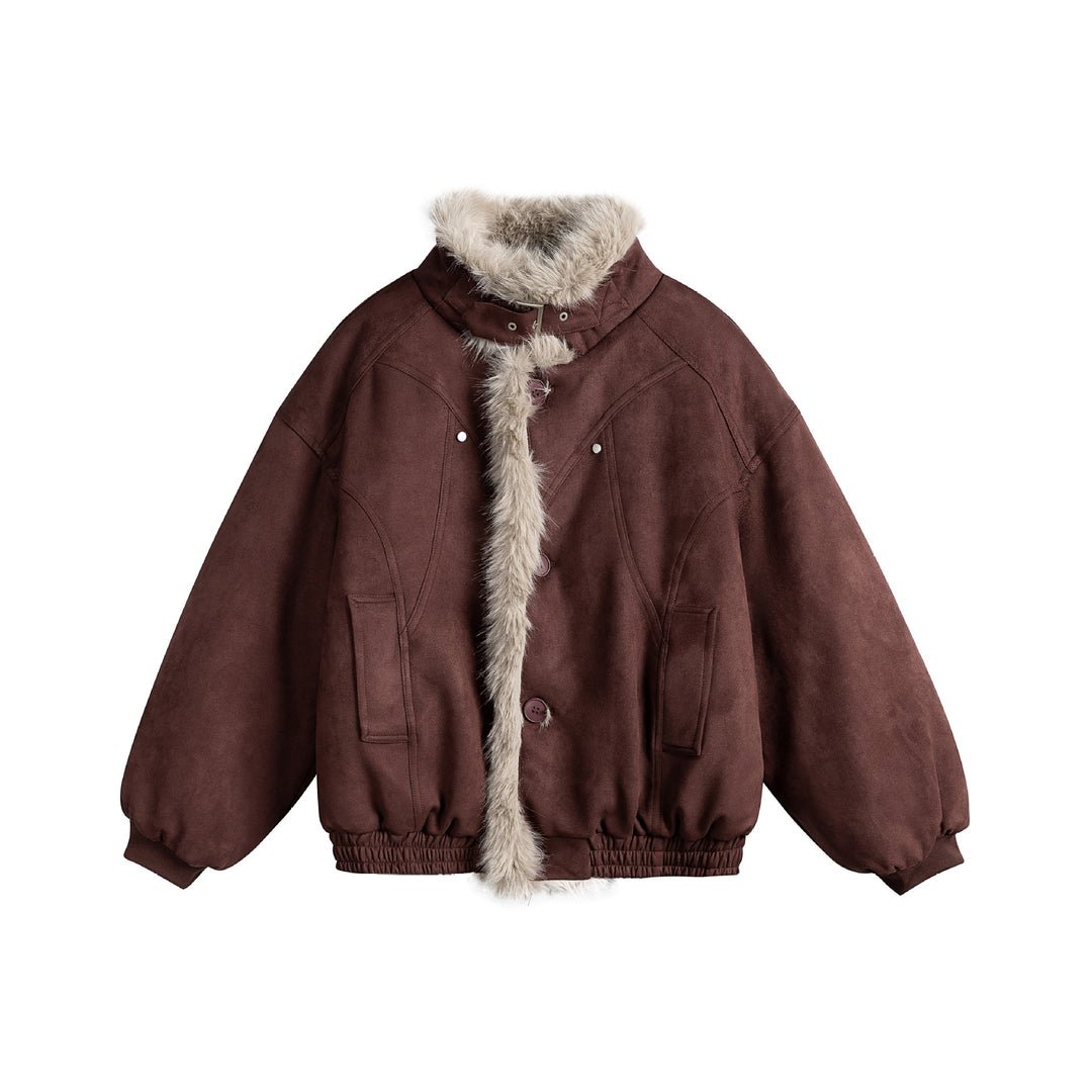 Damen Boxy‑Bomberjacke aus Veloursimitat mit voluminösem Kunstfellkragen Nord Taschen