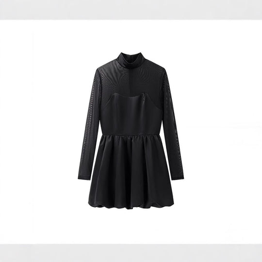Damen Kurzabendkleid mit Stehkragen, transparenten Mesh-Ärmeln und Korsagen-Optik Nord Taschen