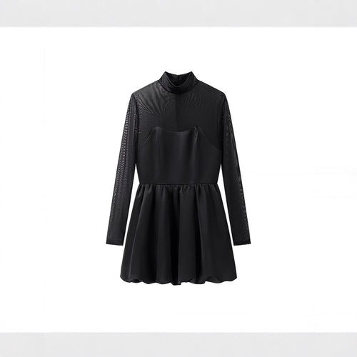 Damen Kurzabendkleid mit Stehkragen, transparenten Mesh-Ärmeln und Korsagen-Optik Nord Taschen