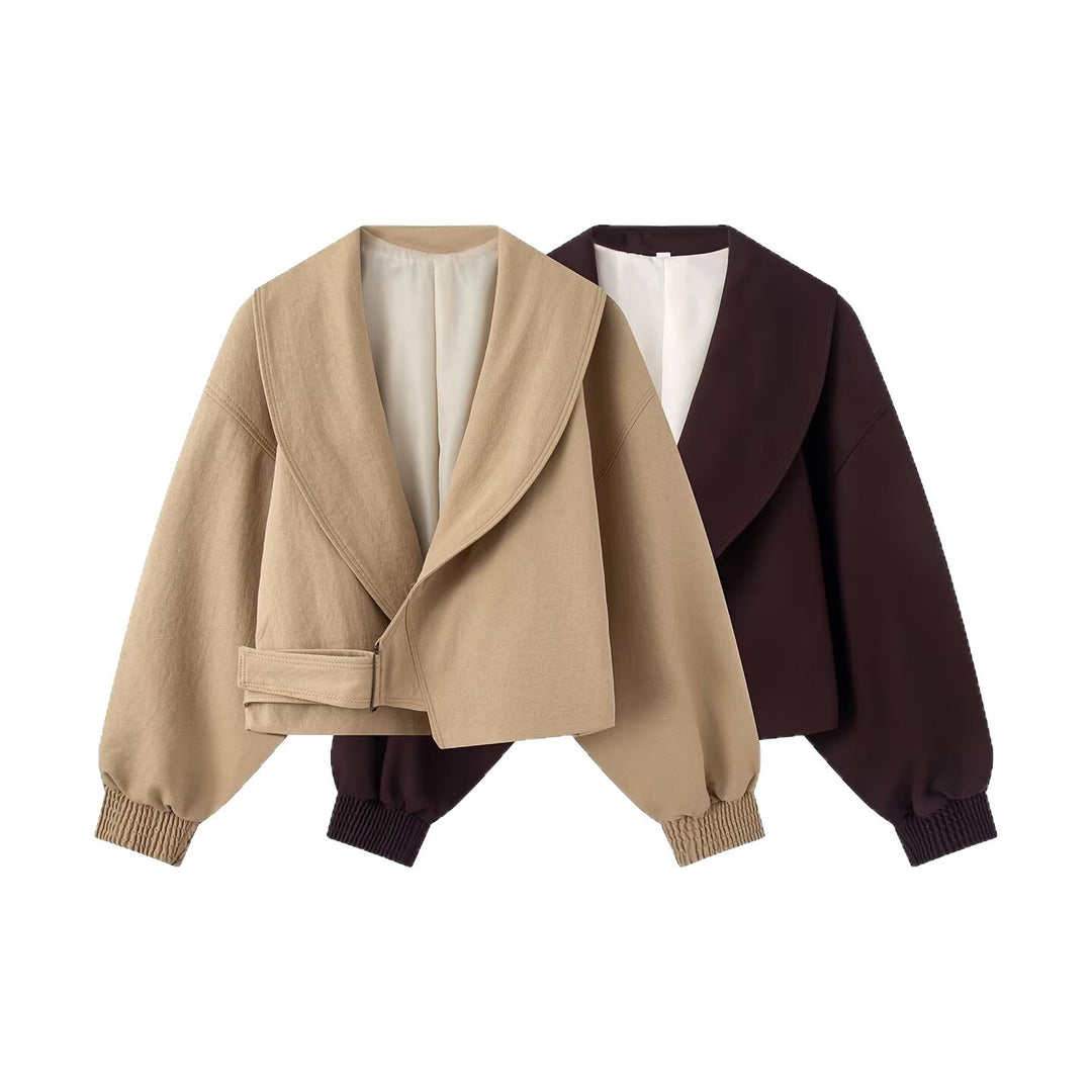 Damen Kurze Oversized Jacke mit breitem Schalkragen, Ballonärmeln und Taillenriegel Nord Taschen