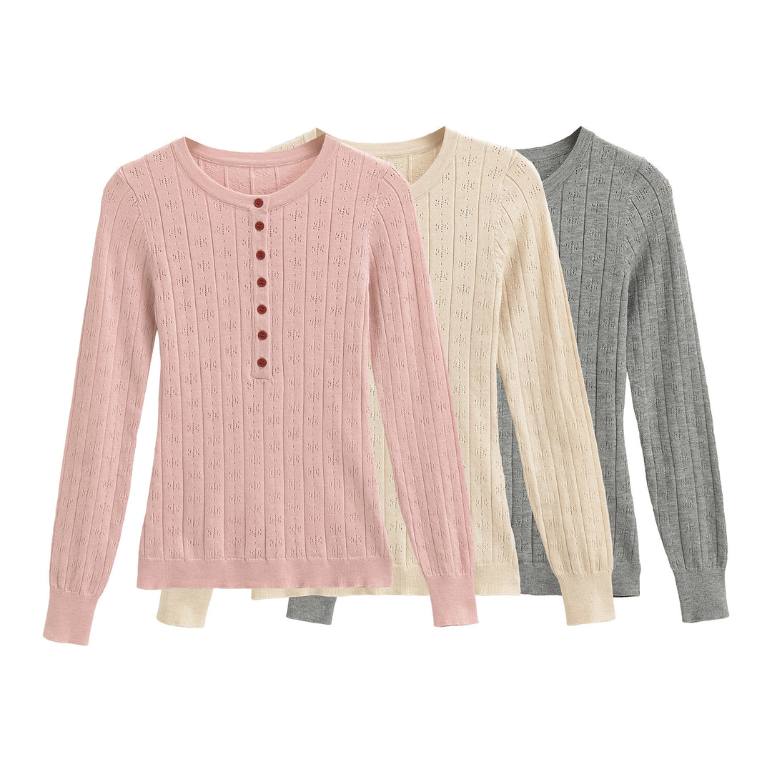 Damen Feinstrick-Longsleeve mit Knopfleiste und Strukturstrick Nord Taschen