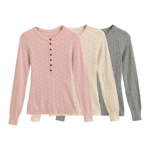 Damen Feinstrick-Longsleeve mit Knopfleiste und Strukturstrick Nord Taschen