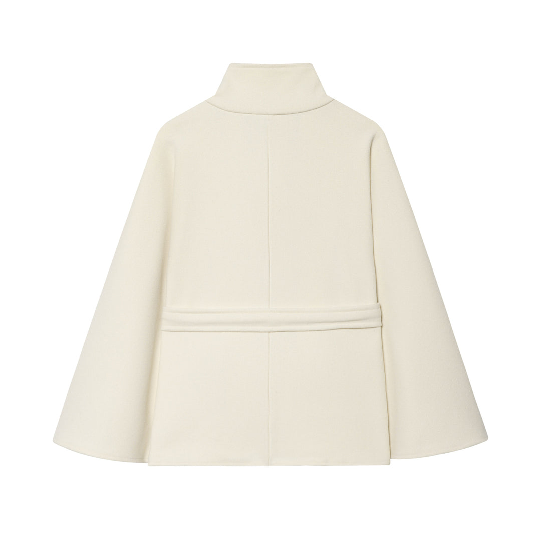 Damen Kurzes Cape-Mantel mit Stehkragen, Knopfleiste und Bindegürtel Nord Taschen