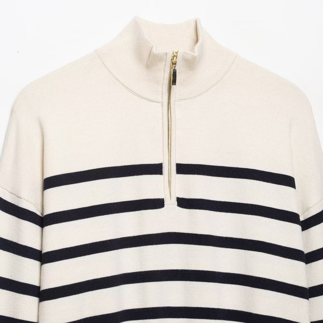 Damen Cropped Boxy Strickpullover mit halbem Reißverschluss, Stehkragen und breiten Streifen Nord Taschen