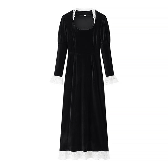 Damen Maxikleid aus Samt mit quadratischem Ausschnitt, Puffärmeln und Spitzenbesatz Nord Taschen