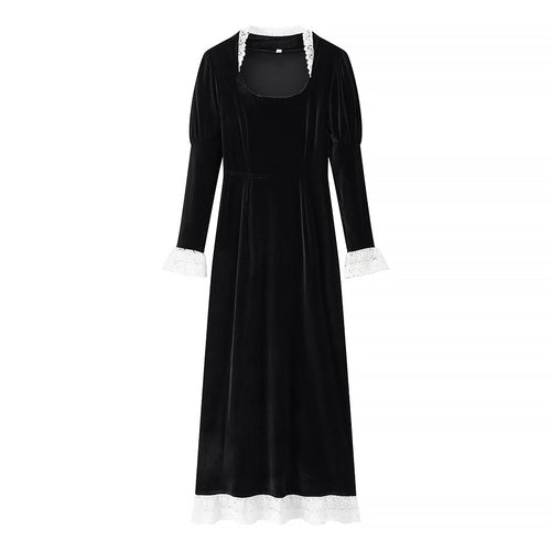 Damen Maxikleid aus Samt mit quadratischem Ausschnitt, Puffärmeln und Spitzenbesatz Nord Taschen