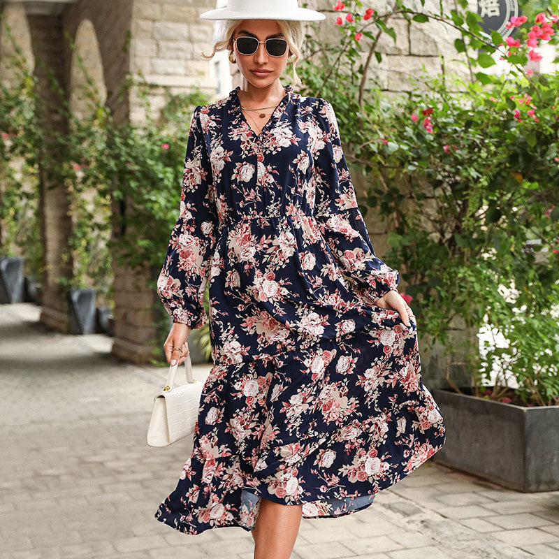 Damen Florales Maxikleid mit Taillengürtel Nord Taschen