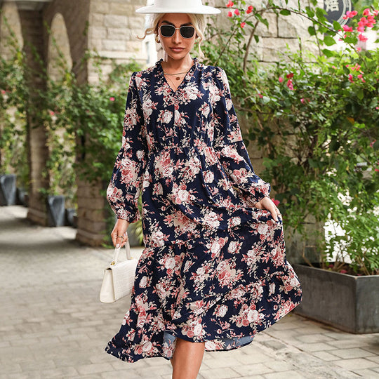 Damen Florales Maxikleid mit Taillengürtel Nord Taschen