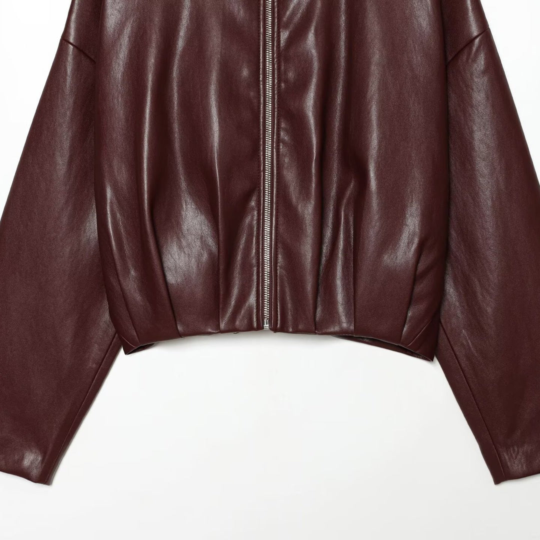 Damen Cropped Boxy-Bomberjacke in glänzender Lederoptik mit hohem Funnelkragen Nord Taschen