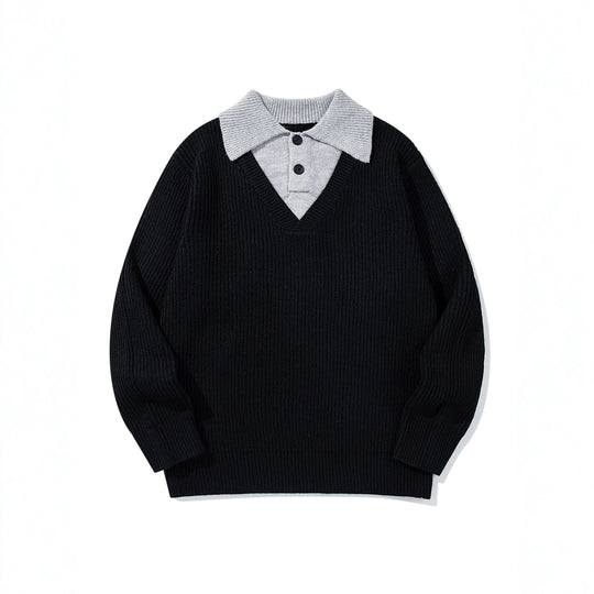 Herren Gerippter Strickpullover mit Polokragen‑Einsatz und tiefem V‑Ausschnitt Nord Taschen