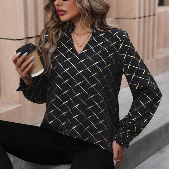 Damen Elegante Bluse mit geometrischem Muster und Rüschen Nord Taschen