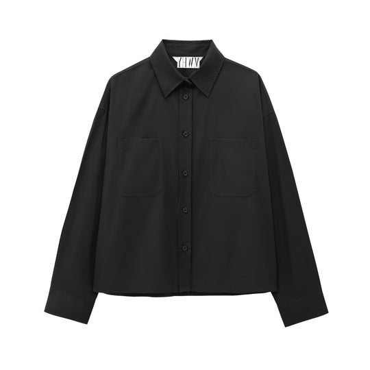 Damen Boxy-Cropped-Hemdjacke mit aufgesetzten Brusttaschen Nord Taschen