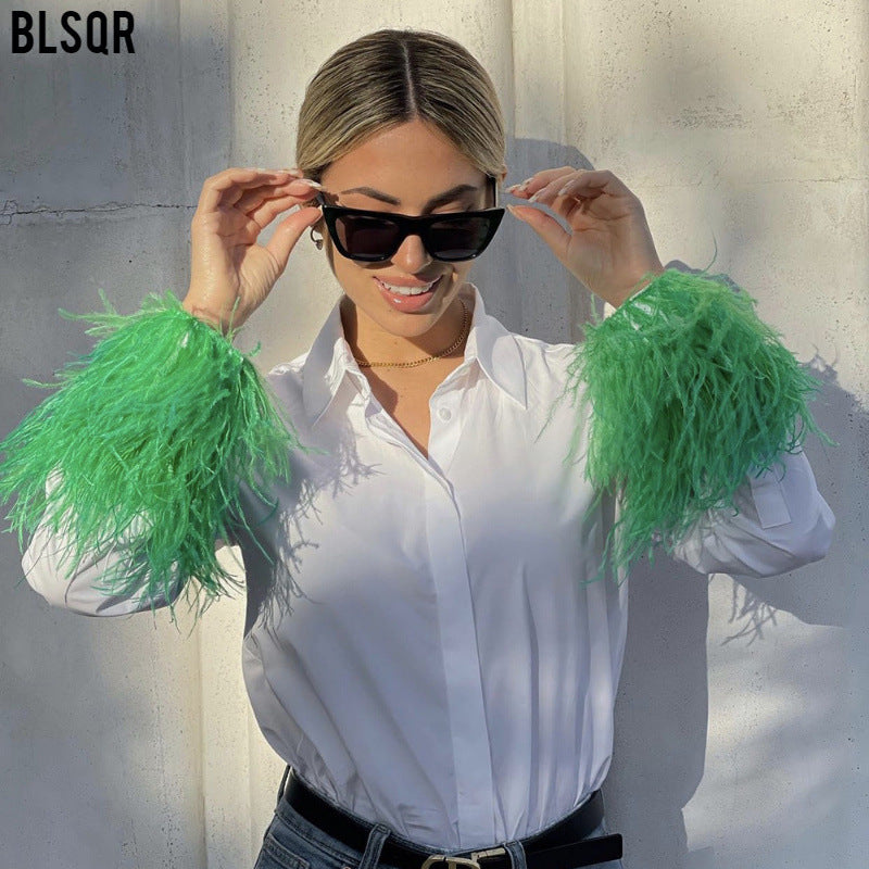 Damen Elegante Baumwollbluse mit Federbesatz an Manschetten und klassischem Hemdkragen Nord Taschen