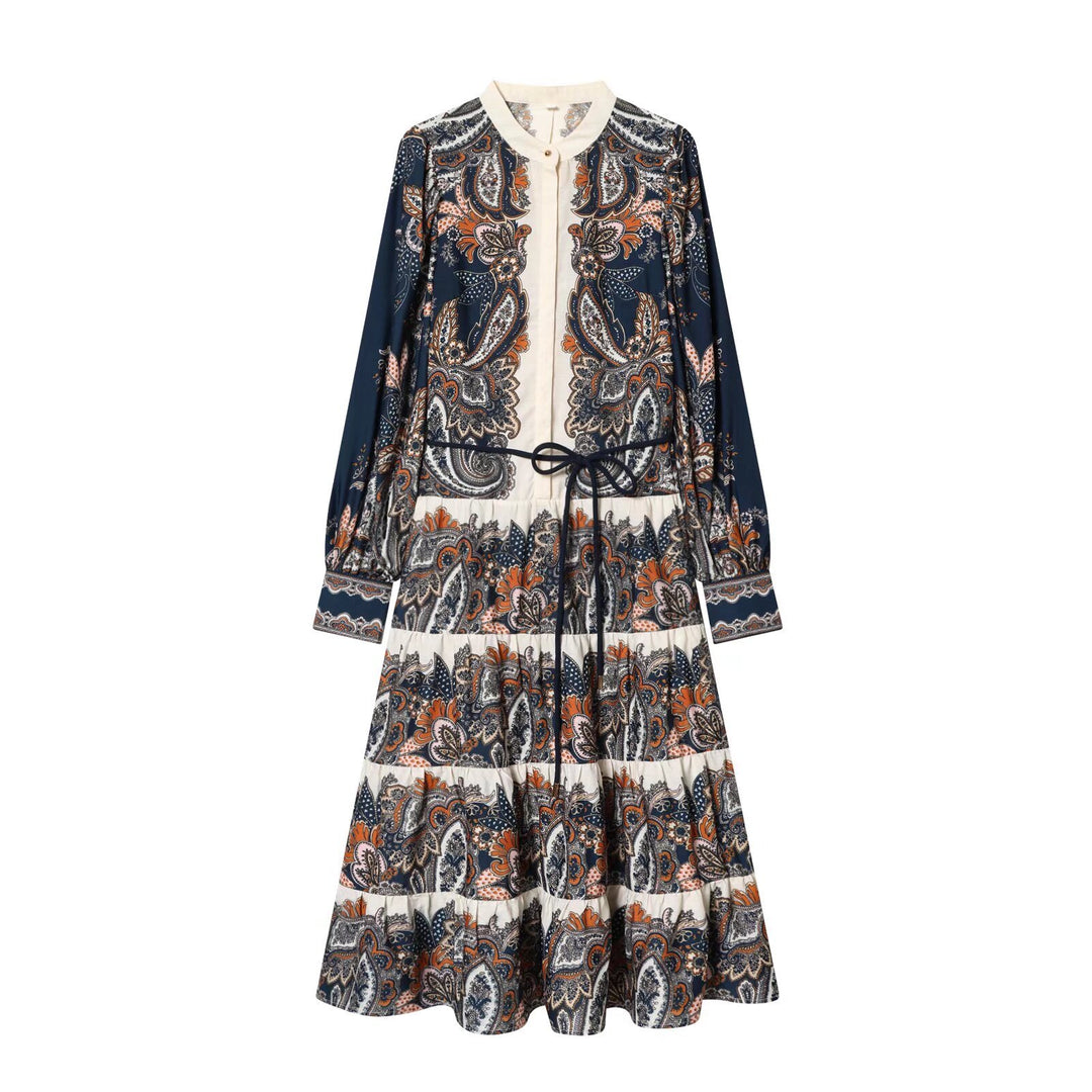 Damen Maxikleid im Stufenrock-Design mit Paisley-Print, Stehkragen und Taillenschnur Nord Taschen