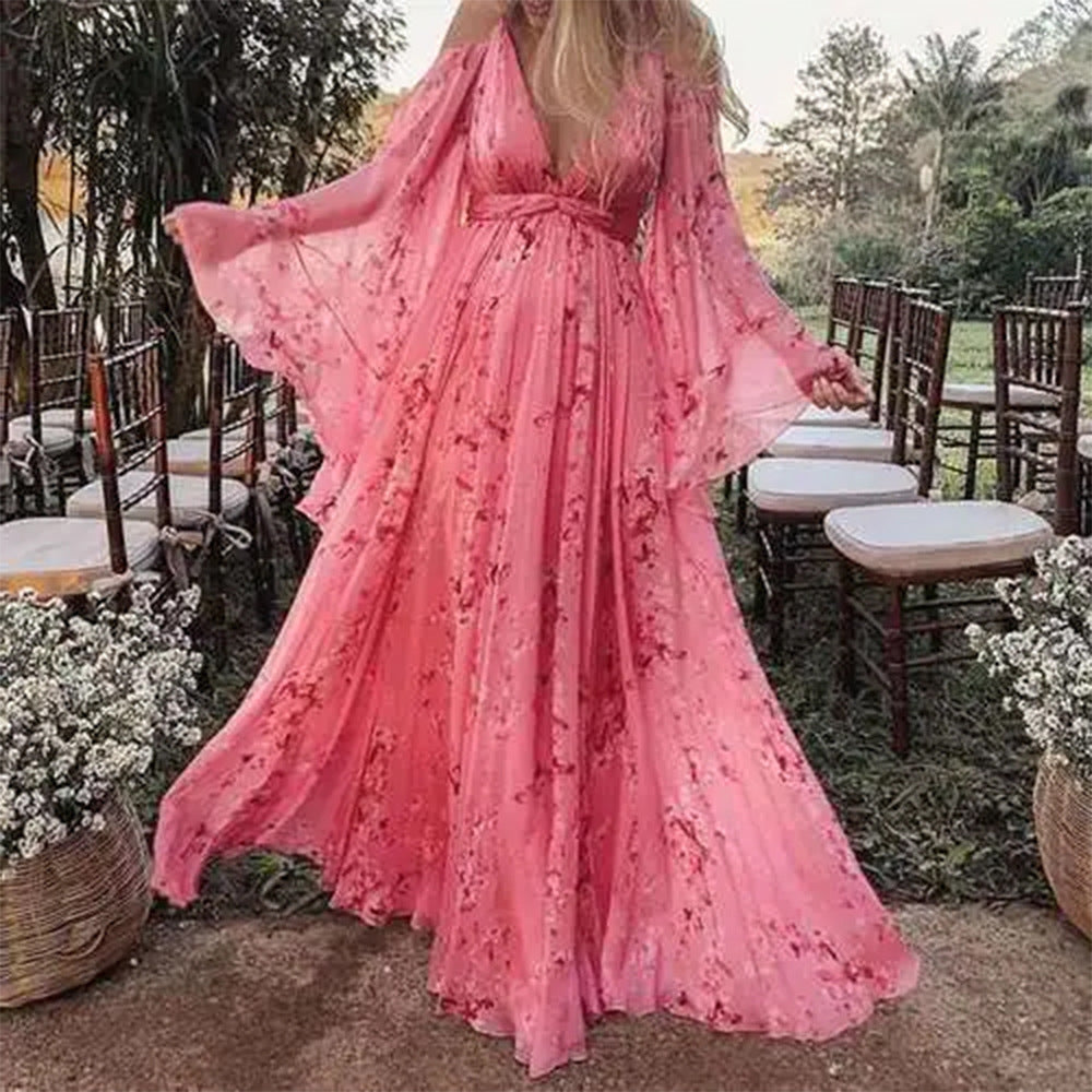 Damen Luftiges Maxi-Kleid mit floralen Akzenten und schwingenden Ärmeln