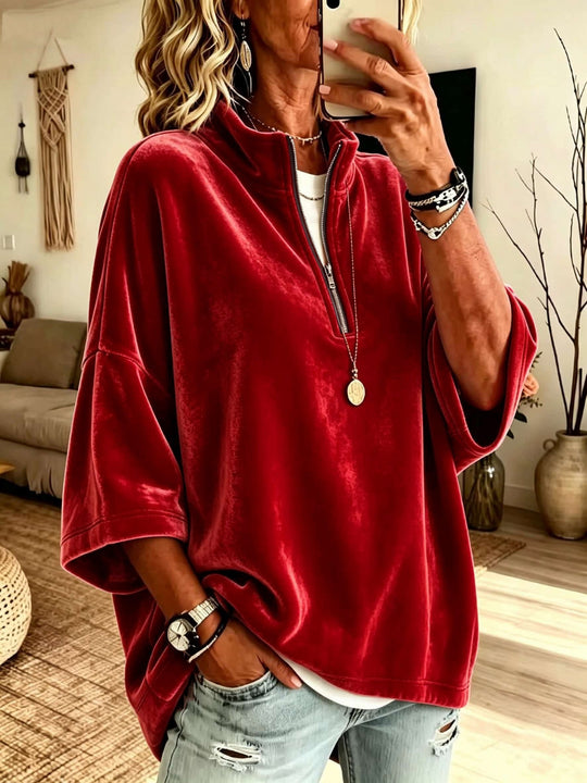 Damen Oversize Samt-Pullover mit kurzem Reißverschluss und Stehkragen Nord Taschen