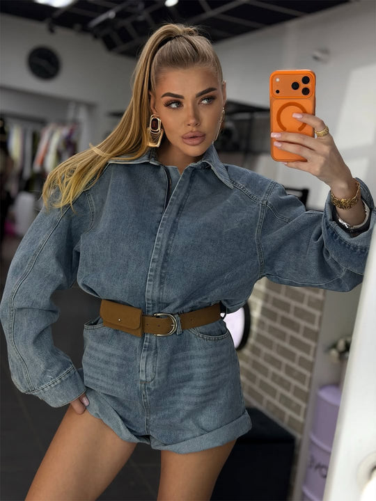 Damen Denim-Shorts-Overall mit kastigem Hemdoberteil und Taillengürtel Nord Taschen
