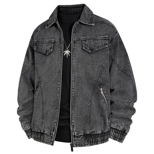 Herren Übergroße Jeans-Bomberjacke mit Stone-Wash, Reißverschluss und geripptem Saum Nord Taschen