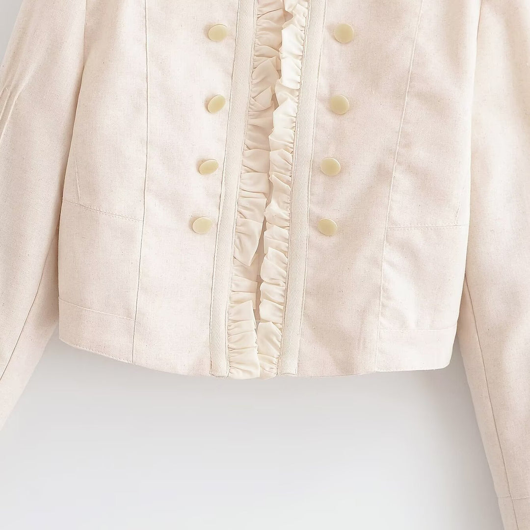 Damen Cropped Jacke mit Rüschenfront, Stehkragen und Zierknopfleiste Nord Taschen