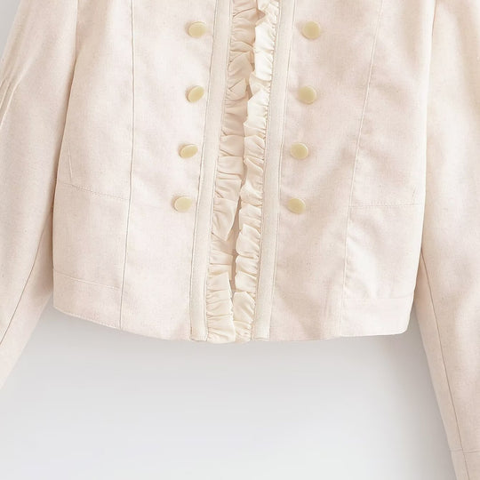Damen Cropped Jacke mit Rüschenfront, Stehkragen und Zierknopfleiste Nord Taschen
