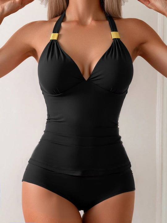 Damen eleganter Badeanzug mit raffiniertem V-Ausschnitt und goldenen Details