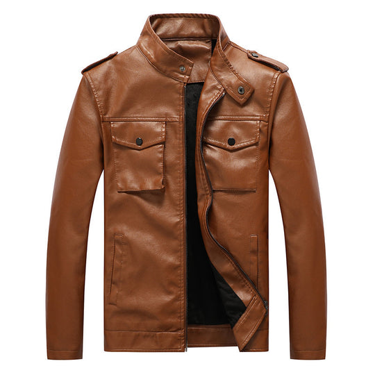 Herren schlanker Kunstleder‑Fieldblouson mit Stehkragen, Brustpattentaschen und Reißverschluss Nord Taschen