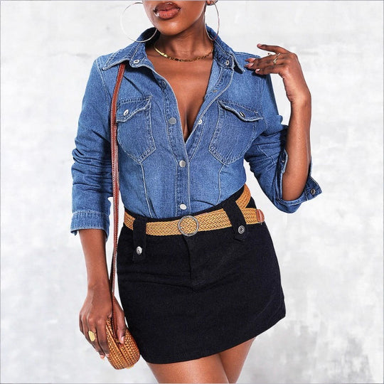 Damen tailliertes Denim‑Hemd mit Pattentaschen und Druckknopf‑Front Nord Taschen