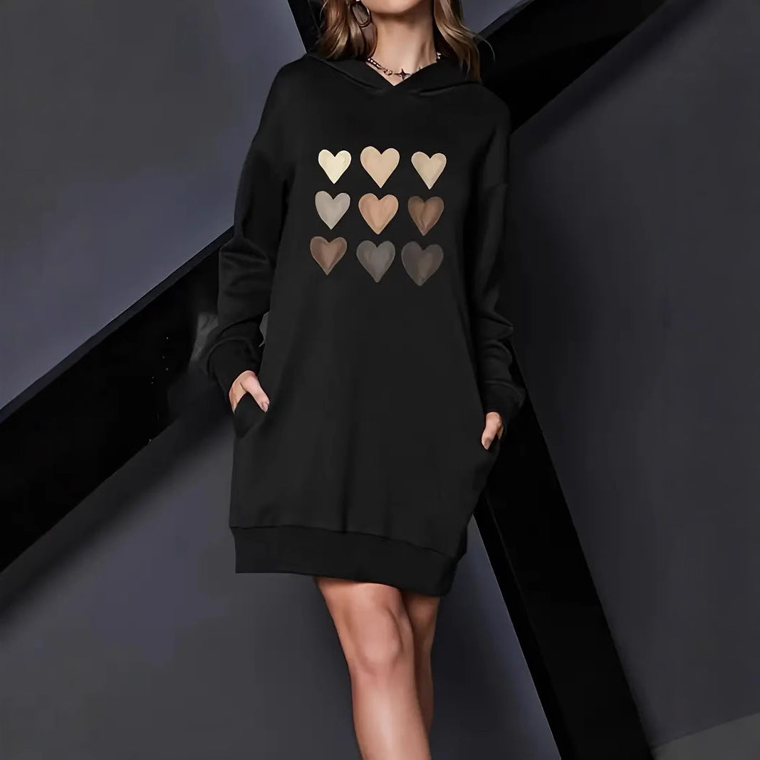 Damen Kapuzenkleid mit metallic Herz‑Print und oversized Sweatshirt‑Schnitt Nord Taschen