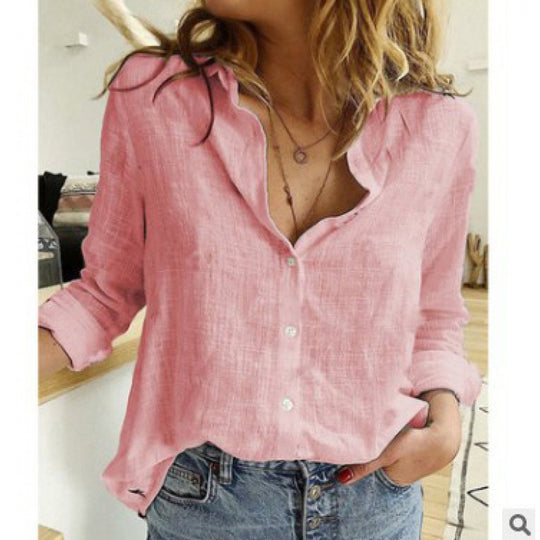 Damen Leichte Leinenbluse im legeren Oversize‑Schnitt mit Stufenkragen und durchgehender Knopfleiste Nord Taschen