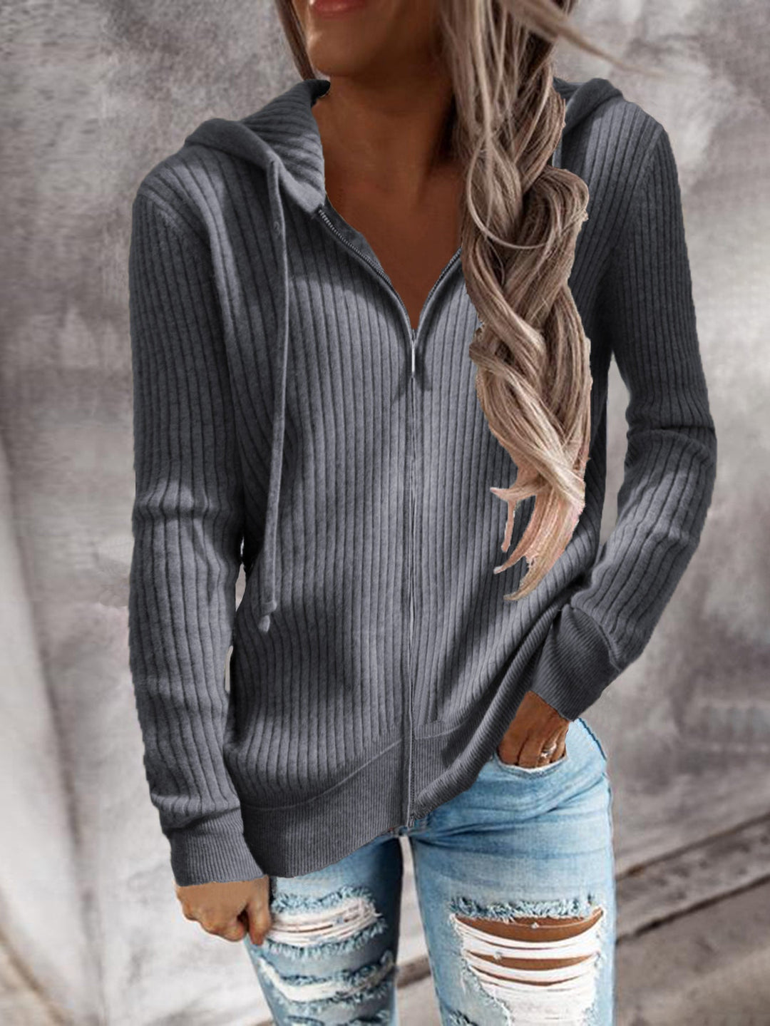 Damen Kapuzenjacke im modernen Rippenstrickdesign mit Taschen