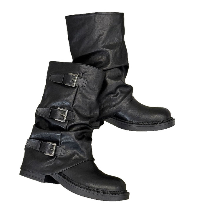 Damen modische Stiefel mit dekorativen Schnallen und robustem Profil