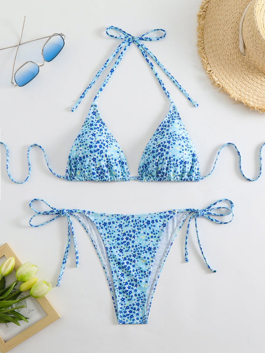 Damen Triangel-Bikini mit liNord Taschenevollem Blumenmuster und verstellbaren Trägern