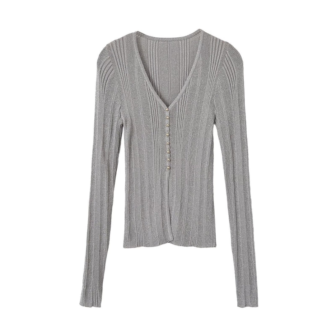 Damen Figurbetonter gerippter Feinstrick-Cardigan mit V‑Ausschnitt, Glanzfaden und Zierknopfleiste Nord Taschen