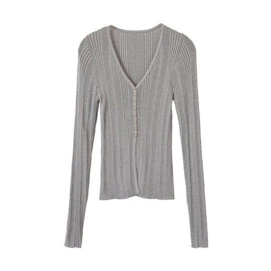 Damen Figurbetonter gerippter Feinstrick-Cardigan mit V‑Ausschnitt, Glanzfaden und Zierknopfleiste Nord Taschen