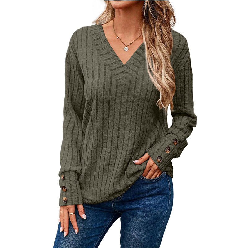 Damen Gerippter V-Ausschnitt Strickpullover mit Knopfmanschetten Nord Taschen