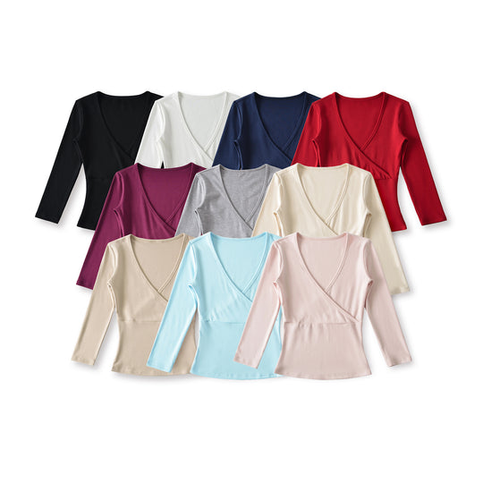 Damen Figurbetontes Wickelshirt aus Stretch‑Jersey mit tiefem V‑Ausschnitt und taillierter Silhouette Nord Taschen