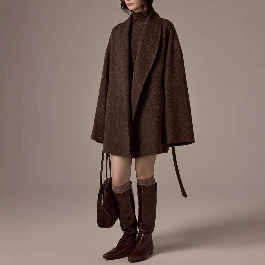 Damen Oversized Wollmantel mit Gürtel Nord Taschen