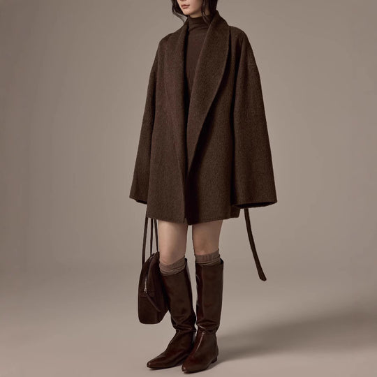Damen Oversized Wollmantel mit Gürtel Nord Taschen