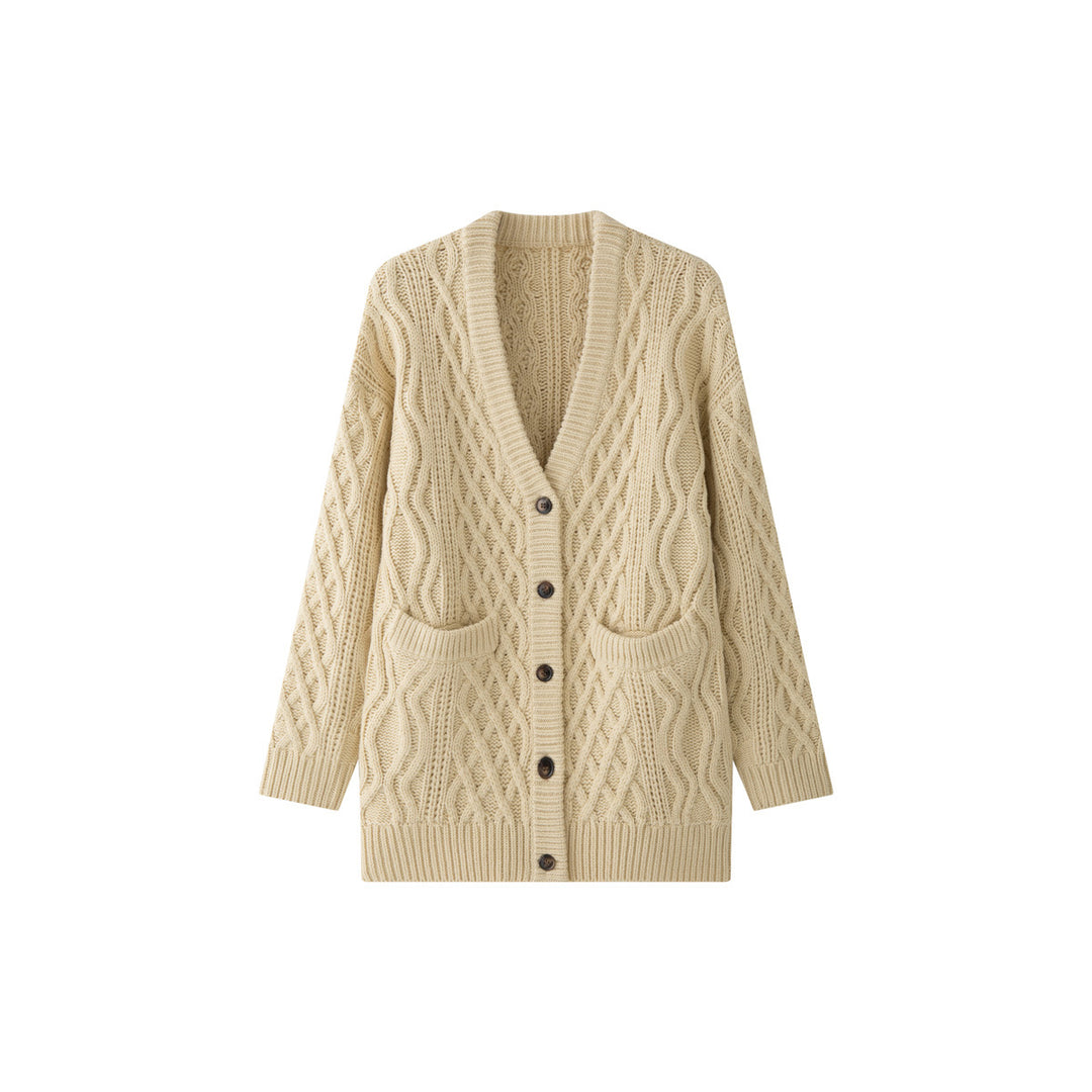 Damen Oversize Strickcardigan mit Zopfmuster, aufgesetzten Taschen und Knopfleiste Nord Taschen